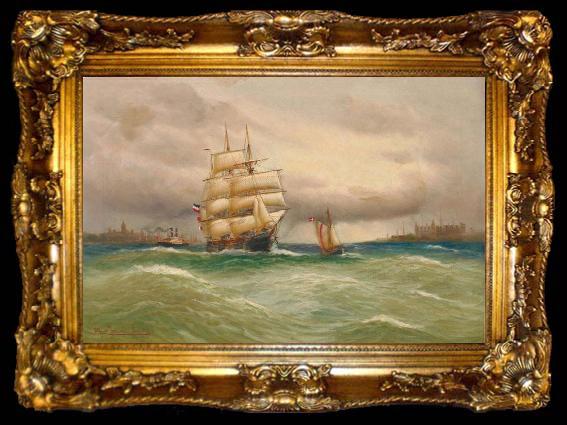 framed  Alfred Jensen Marine mit Segelbooten, im Hintergrund Stadtsilhouette., ta009-2